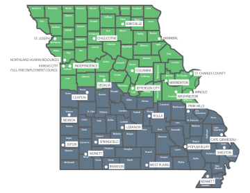 A Map of Missouri. The top section is filled with a green color, representing that they refer to the Northern MSFW Outreach Staff. The bottom part is filled with a blue color that represents that they refer to the Southern MSFW Outreach Staff. 