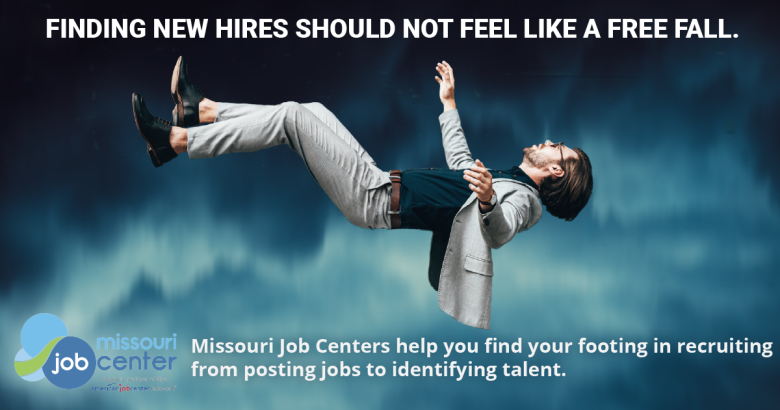 Man in a suit falling through the sky. The words above him say "Finding new hires should not feel like a free fall"