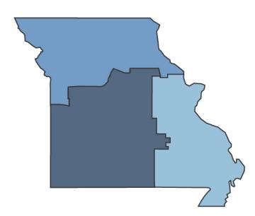 the state of missouri split into three sections, the top section is a mid-blue and represents the kansas city / north region, the bottom left is a dark blue and outlines the southwest and central regions. And the bottom right is a light blue and outlines the st. louis and southeast region.