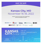 The Save the Date for the 2nd Equal Opportunity Summit. There is a purple arch across the top saying "Save the Date" Underneath that it lists the location, Kansas City MO, and the dates of November 16-18, 2022. Under that are the logos from the labor and workforce departments from 9 states inlcuding Missouri, Kansas, Colorado, Delaware, Tennessee, Iowa, Virginia, and Minnesota. 