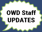 A white speech bubble outlined in green with "OWD Staff updates" written on the inside.